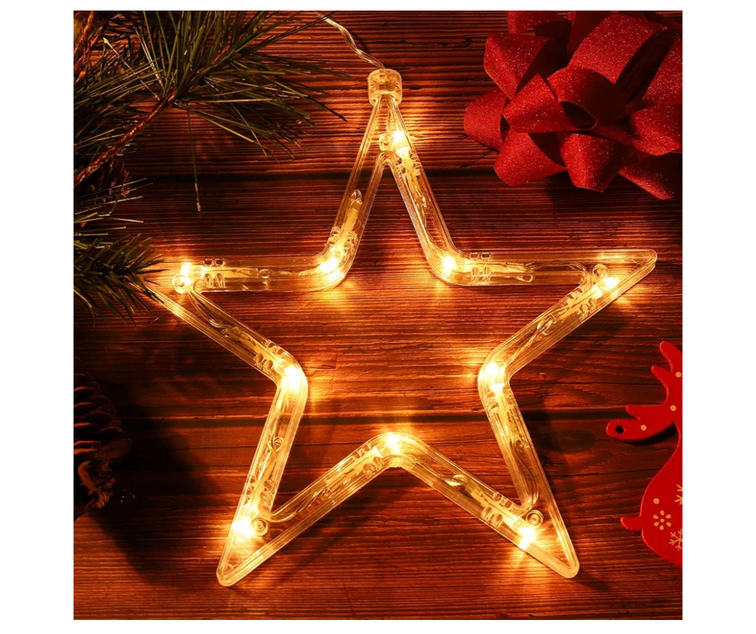 Beaupretty 8 LED Star Lights, Christmas Hanging Window Lights with Suction Cup Battery Operated, Xmas Lights for Indoor Bedroom Decoration, Warm White