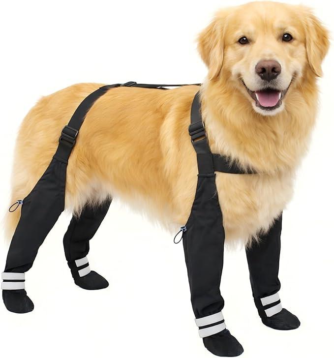 Dog Suspender Boots for Large Dogs – Waterproof & Non-Slip Dog Paw Protectors with Adjustable Straps & Reflective Strips, All-in-One Connected Dog Boots for Outdoor Walks, Snow, Rain, Hiking (XL)