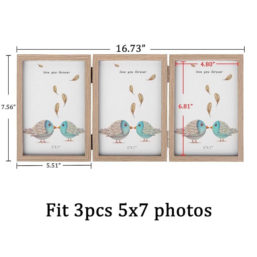 5x7 Triple Hinged Picture Frames Shadow Box MDF Wood Grain with Real Glass 3 Vertical Opening Family Lover Gift