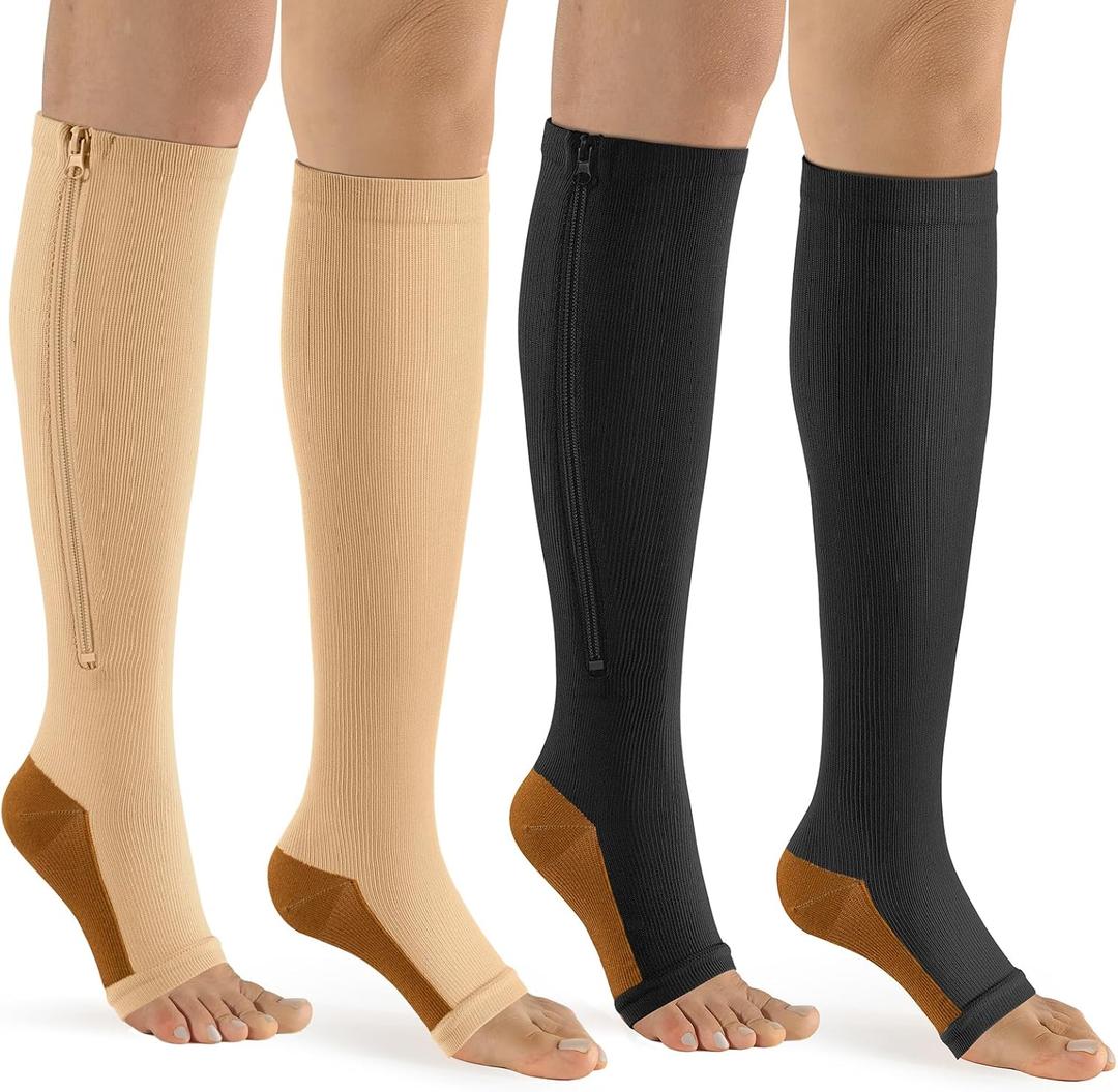 bropite Zipper Compression Socks Women & Men - 2Pairs Calf Knee High 15-20mmHg Open Toe Compression Stocking suit for Walking (XX-Large, Black/Beige Copper Open Toe)