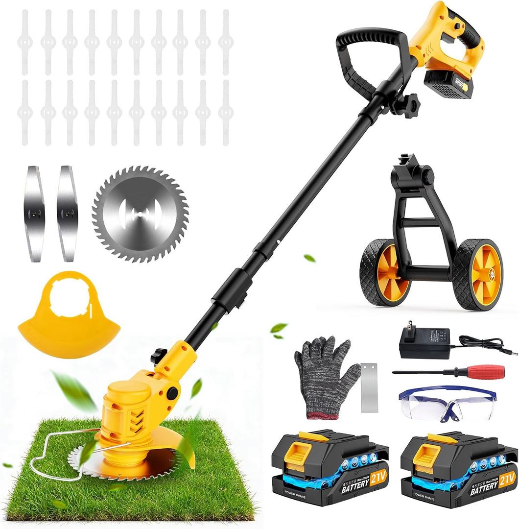 Electric Weed Wacker Cordless, Electric String Trimmerwith 3 Types Blades & Removable Auxiliary Wheels, BrushCutter & Grass Trimmer & Lawn Edger with for Garden Yard