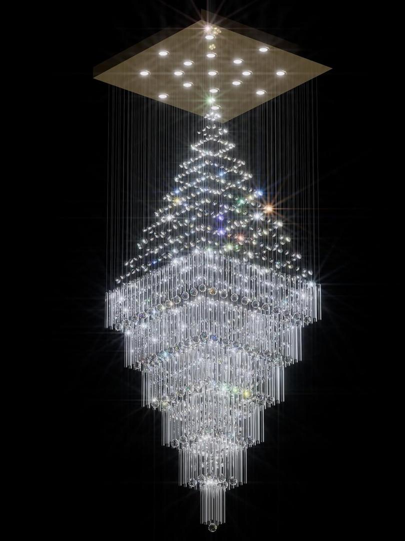 Flashing God D48''X H120'' Extra Large Chandelier for High Ceiling Modern Raindrop Chandelier Crystal Flush Mount Ceiling Light for Foyer Living Room Staircaes Entrance Gold