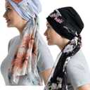 JarseHera Bamboo Cotton Liner Chemo Headwear for Womenwith Silky Scarfs for Cancer Hair Loss Sleep Caps Beanie (Black+Gray,2 Pair, One Size Fit Most)