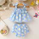 Infant Toddler Baby Girl Summer Cotton Clothes Strap Ruffle Smocked Top and Shorts 2Pcs Outfit Clothing Set (Blue)