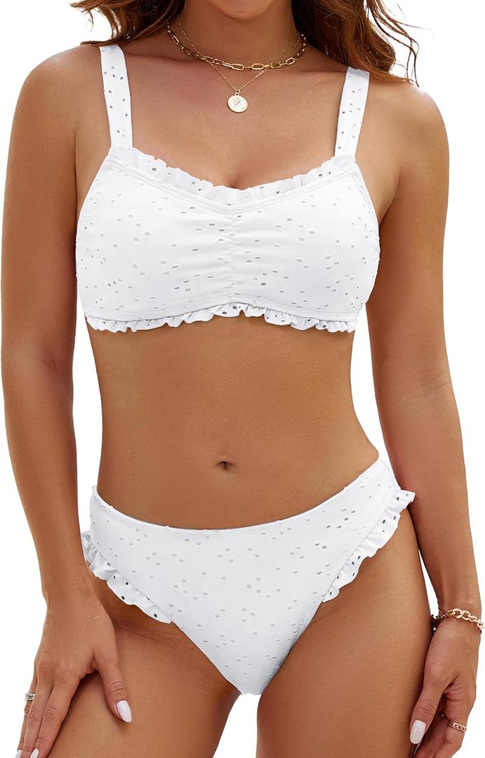 Blooming Jelly Womens Bikini Set Two Piece Ruffle Bandeau Bathing Suits Cheeky High Cut Cute Eyelet Swimsuit (Large, White)