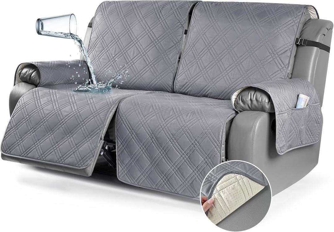 TAOCOCO 100% Waterproof Oversized Loveseat Recliner Cover, Non Slip Split Couch Covers for Reclining Loveseat with Elastic Straps for Kids Pets(Oversized 2 Seater, Gray) (Grey)