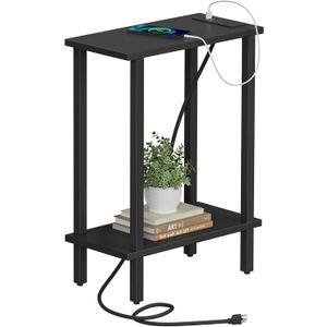 TUTOTAK Small End Table with Charging Station, Narrow Side Table with USB Ports and Outlets, Skinny Sofa Table, Slim Nightstand, Living Room, Bed Room, Black TB01BK060 (2-tier)