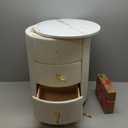 Upholstered Nightstand with 3 Drawers, Round Bedside Table with Metal Handles,Marbling Stickers Top Night Table for Bedroom, Fully Assembled Except Handles (Beige)