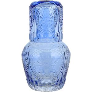 elle decor 2 Pc Carafe Set | Bedside Night Water Carafe | Glass Pitcher and Cup that Doubles as a Lid | Glass Tumbler Perfect for Storing Water, Juice, and Other Drinks on Desktop/Shelf (Blue)