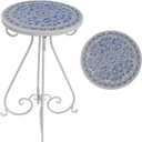 Vintage Outdoor Side Table Round Mosaic Ceramic Tile Top 14" Diameter Metal Plant Stand for Flower Pots Vase Garden Home Porch Pool Indoor Decor Weather Resistant Outside Patio Accent End Furniture, 14" X 14" X 21"