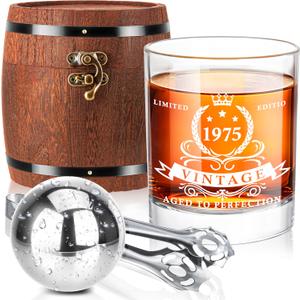 LIGHTEN LIFE 50th Birthday Gifts for Him Men,1975 Whiskey Glass Set in Barrel Box,50 Years Old Gifts,50th Birthday Gift Ideas,50th Birthday Whiskey Glass for Dad Husband