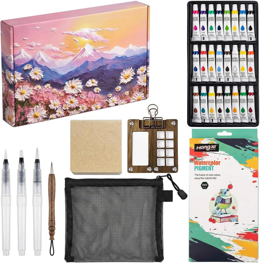 Mini Travel Watercolor Paint Set, AllInOne Portable Pocket Paint Kit with Walnut Wood Palette, 24 Watercolor Colors, 3 Water Brushes, Chinese Calligraphy Brush, Sketchbook and Organizer Pouch, Gift for Beginners and Art Lovers