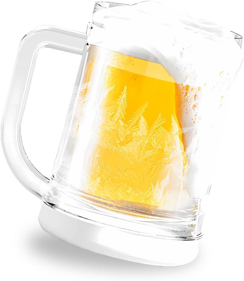 Double Walled Beer Ice Cup,Acrylic Classic Clear Beer Mug with Handles,Freezer Mugs Chiller Frosty Cup for Beer Cocktail Water Drinks Coffee and More