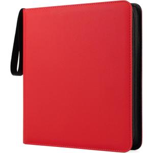 GEAoffice 12 Pocket Trading Card Binder for 720 Cards, Sturdy PU Cover Side Loading Zipper Card Collection Binder Album for MTG, TCG, Game & Sports Cards, Ringless, Non-PVC, Red