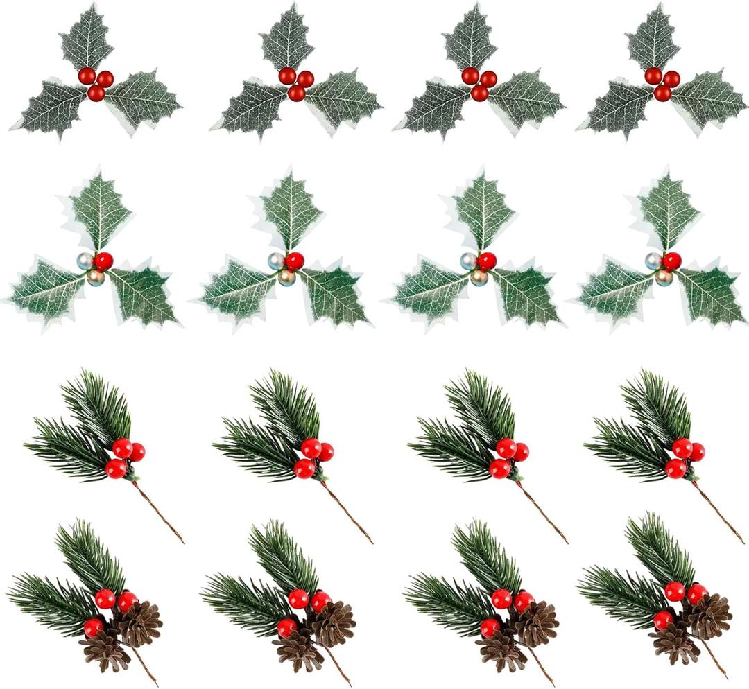 16PCS Artificial Holly Berries Christmas Wreath ArrangementSuitable for Christmas Trees, Wreaths, and Decorative Items for Festivals