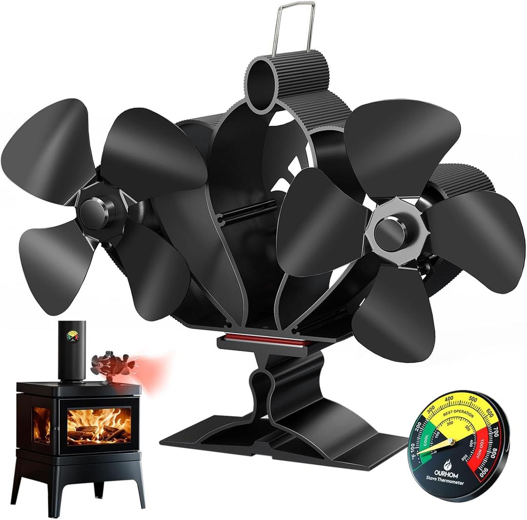 Wood Stove Fan, Fireplace Fan with Magnetic Thermometer & Bracket, 8 Blades Heat Powered Fan, Silent Motors, Horizontal Air Flow for Wood/Pellet Fireplaces (Black-Fan+Thermometer)