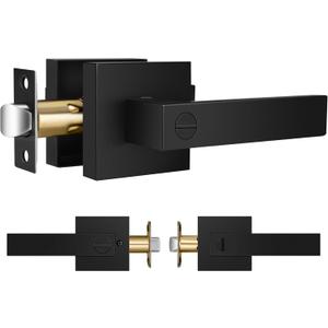 Matte Black Door Handles, Keyless Interior Door Knobs, Reversible for Right & Left Sided Doors, Privacy Square Door Lever for Bathroom, Bedroom or Offices (1 Pack)