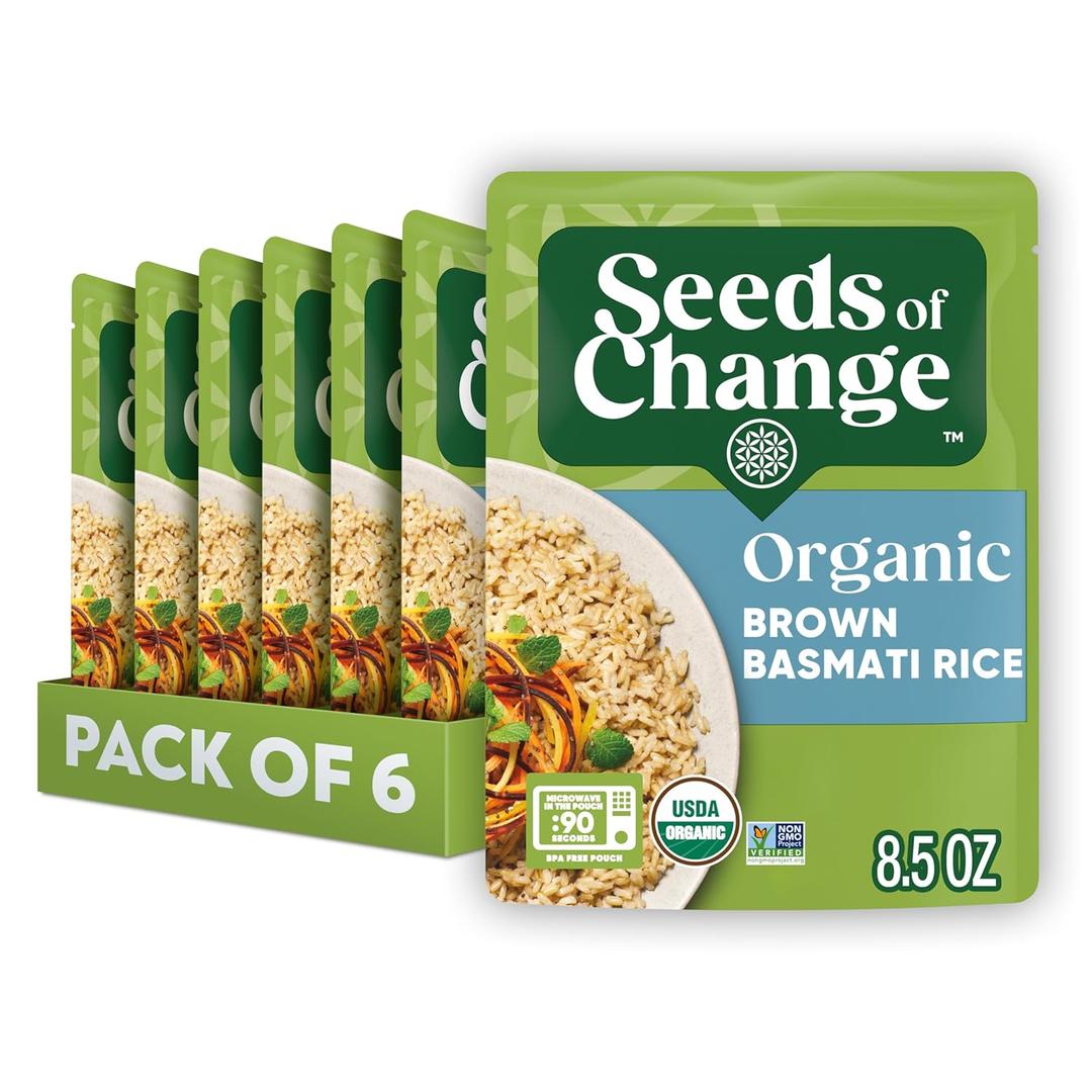 SEEDS OF CHANGE Certified Organic Brown Basmati Rice, Organic Food, 8.5 OZ Pouch (Pack of 6) BBD: 04/26