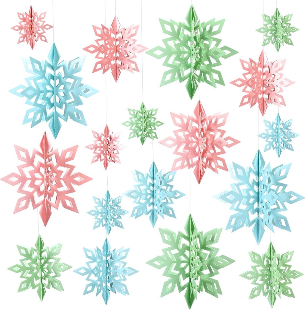 Kosiz 18 Pcs Christmas Pastel Hanging Snowflake Decorations 3D Large Winter Snowflake Hanging Swirls Decorations Blue Pink Green Ornaments Christmas Winter Holiday New Year Party Decoration