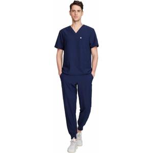 Uniforms World Louis Scrubs Set for Men Classic V-Neck Stretch Top & Jogger Pants Yoga Waistband, 8 Pockets (Blue, L)