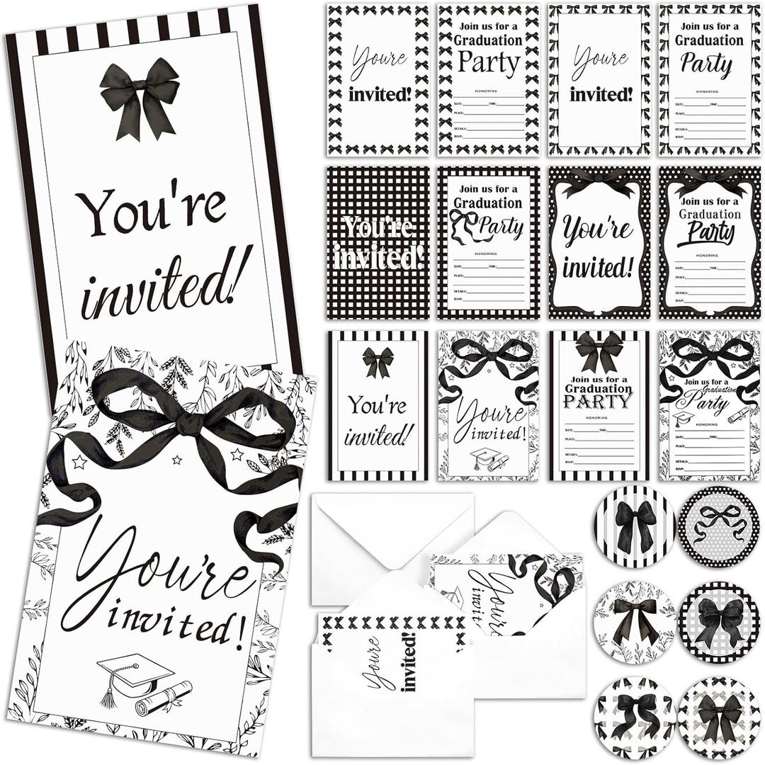 Jetec 48 Pack Black Bow Graduation Party Invitation with Stickers Coquette Bow Invitation Cards Grad Announcements Invitations High School University Masters Grad Celebration Party Supplies