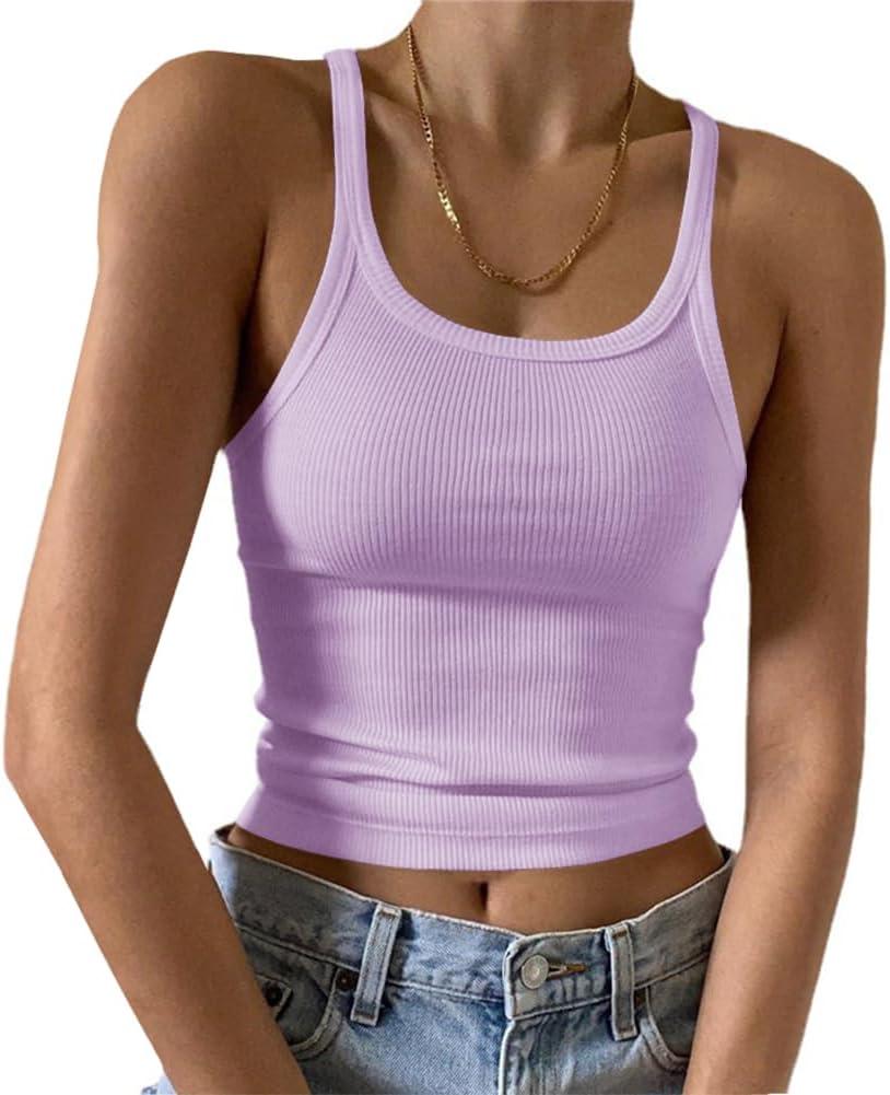 Artfish Women's Sleeveless Tank Top Form Fitting Scoop Neck Ribbed Knit Basic Cami Tight Fitted Violet Purple, S