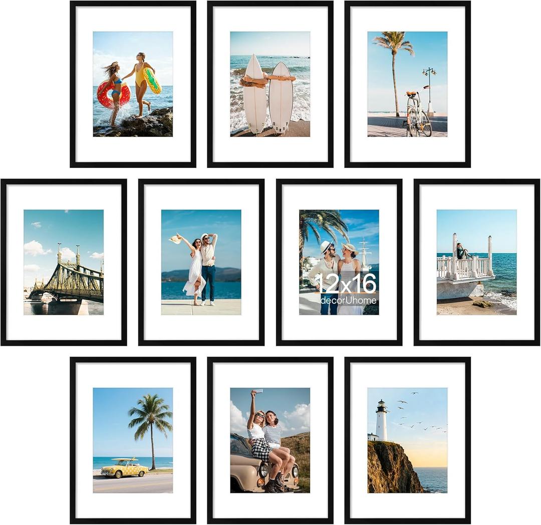 decorUhome 12x16 Picture Frame Set of 10, Display Photos 8.5x11 with Mat or 12x16 Unmatted for Picture Frames Collage Wall Decor, Black