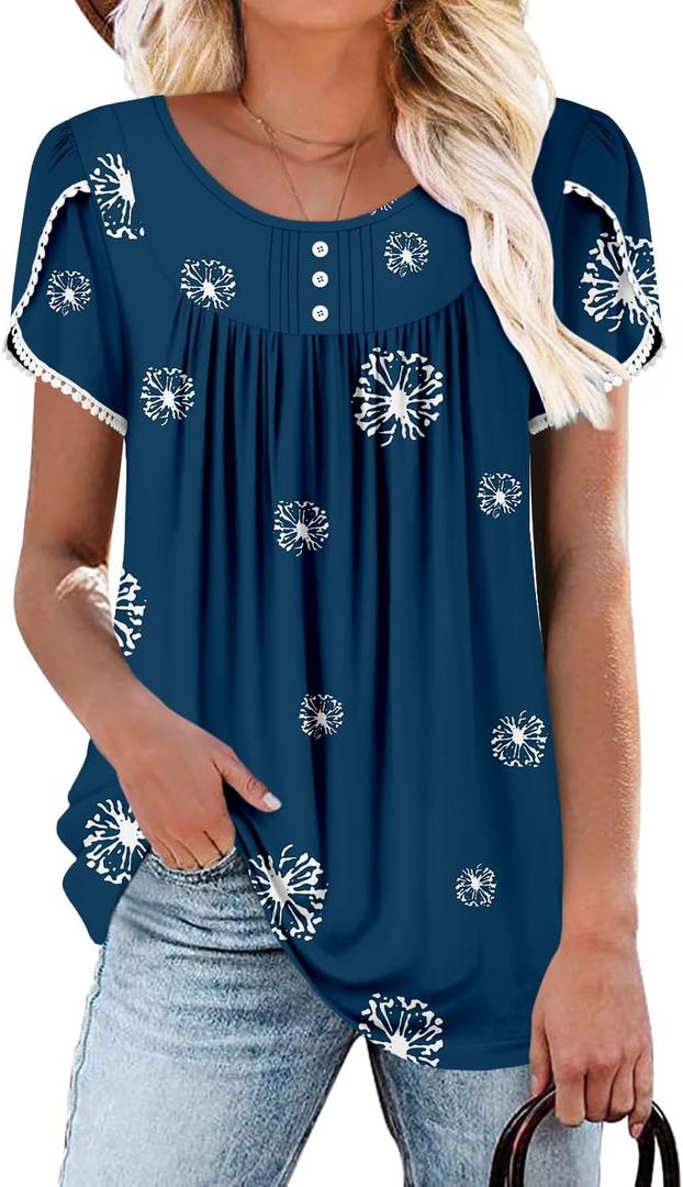 BETTE BOUTIK Women's Short Sleeve Summer Tunic Tops Flowy Flare Button Down Tunic Shirts Blouses S-3XL (S)