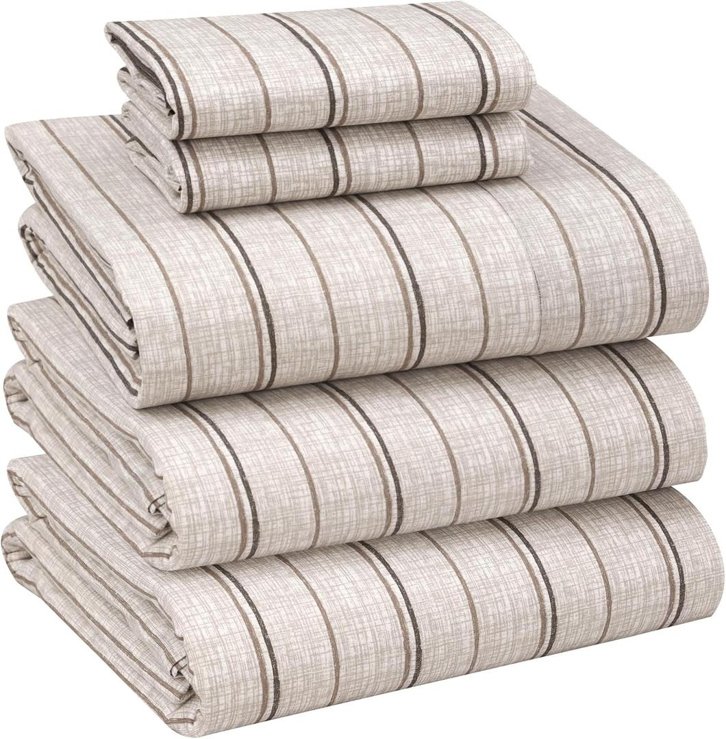 RUVANTI 100% Cotton Sheets Split King Size Percale Bedding, Cooling & Breathable Floral Design, Durable with a Crisp, Soft & Comfortable Feel, 16" Deep Pocket, 5-Piece Set, Brown Stripes