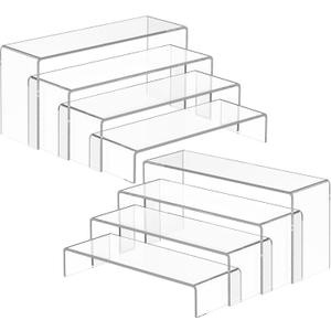MaxGear 8 Pcs 2 Sets Acrylic Display Risers, 8",8",9",9", 4 tier Clear Plastic Rectangle Display Stand Shelf for Figures, Desserts, Perfume, Cupcakes, Strong Support Riser for Retail, Jewelry, Shoes