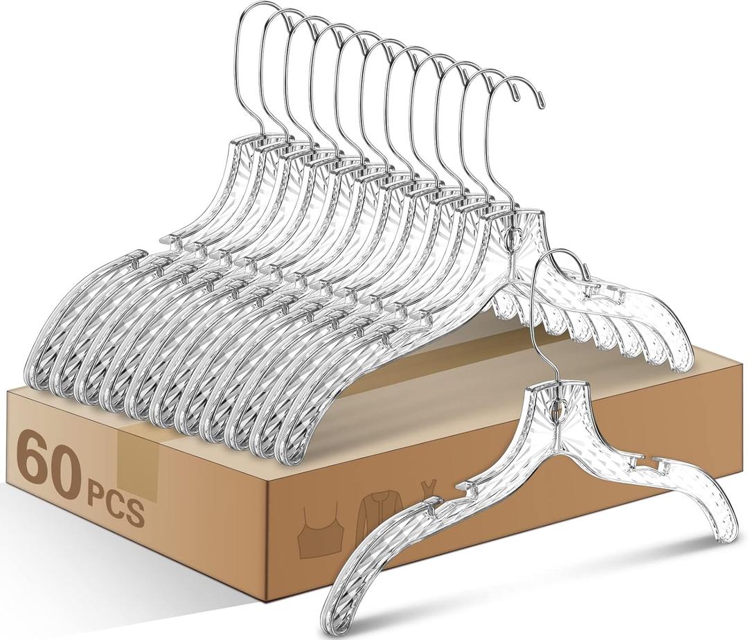 Wesiti 60 Pack Clear Plastic Hangers Bulk for Clothes 17" Crystal Cut Hangers for Coats Shirts Suits Clothing Store Home Closet(Classic)