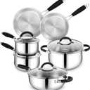 E-far Stainless Steel Cookware Set - Induction Tri-Ply Base Pots and Pans, 10-Piece Non-Toxic Kitchen Cooking Set w/Stay-Cool Handle, Frying Pans, Saucepans, Stockpot with lid, Oven & Dishwasher Safe