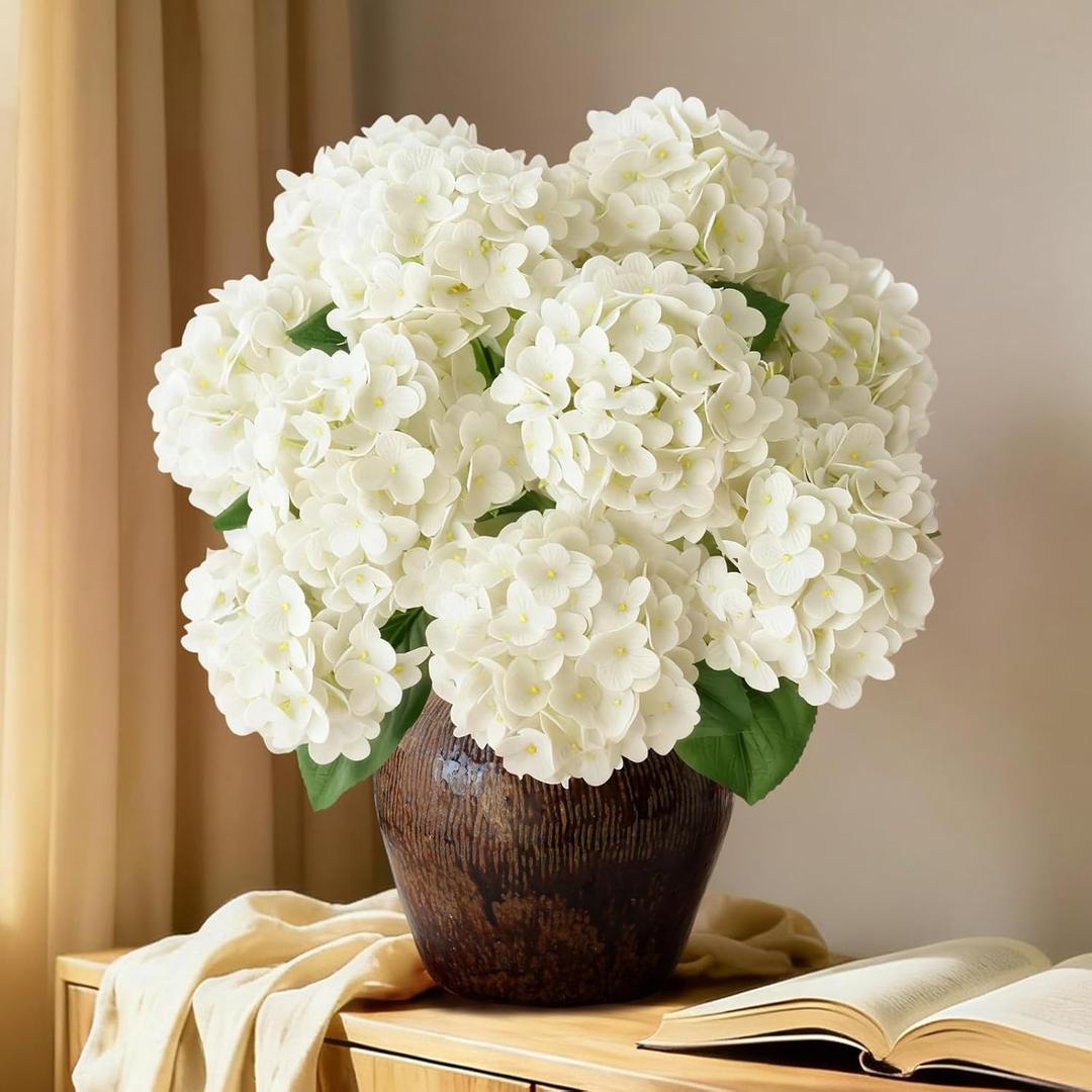 2 Bunchs 21in.White Real Touch Hydrangea Artificial Flowers,with 10pcs Flower Heads 20pcs Green Leaves. Faux Hydrangea Flowers. for Home Office Decor Wedding Party Arrangements (2, White)