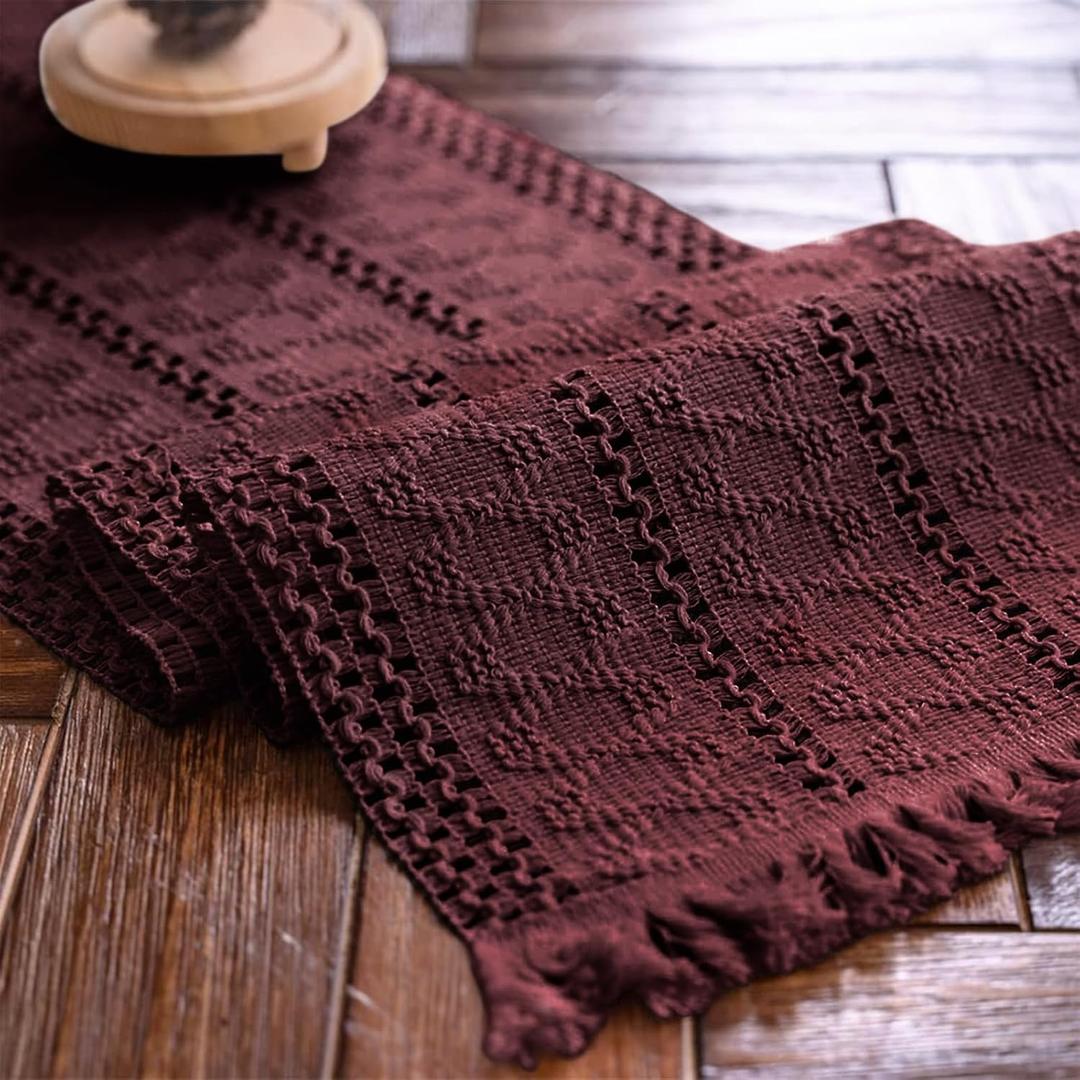 Macrame Table Runner Burgundy Boho Table Runners with Tassels Hand Woven Cotton Table Runner Rustic Farmhouse Table Runners for Bohemian Kitchen Dining Table(12x36in)