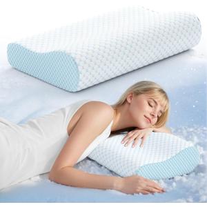 Cervical Neck Pillow for Pain Relief - Cooling Neck Memory Foam Ergonomic Pillow, Orthopedic Pillow for Neck and Shoulder Pain, Adjustable Contour Pillow (Blue White)