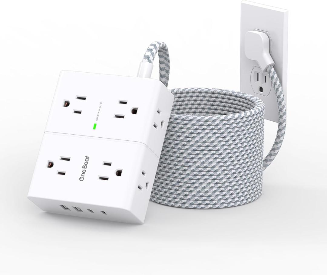 25Ft Extension Cord with Multiple Outlets, Flat Plug Power Strip Surge Protector 25 Ft Long Cord, 8 Outlet 4 USB Ports (2 USB C), Multi Outlet Wall Plug for Office, College, Dorm Room Essentials (White & Grey)
