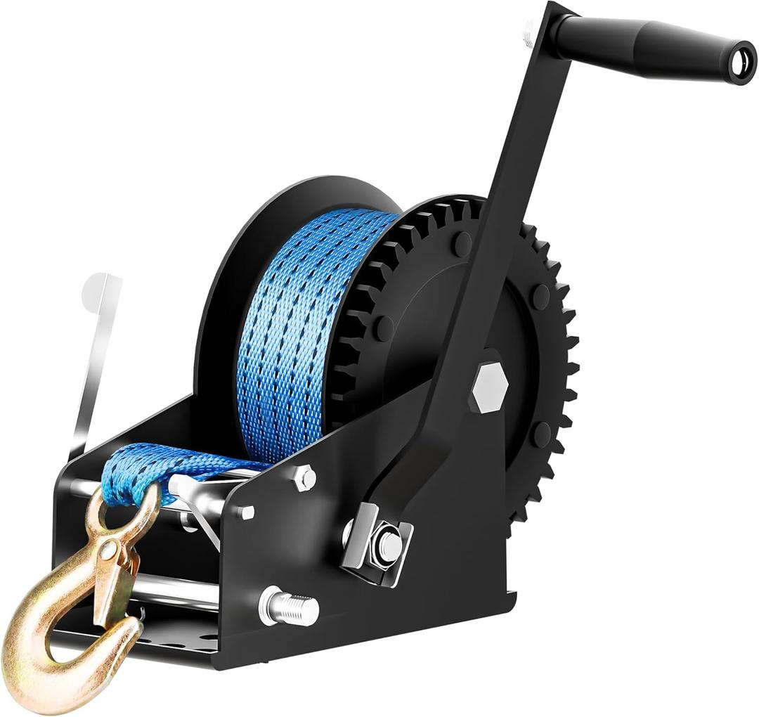 3500lbs Boat Trailer Winch with 33 Foot Polyester Belt, 2-Way Ratchet 4:1/8:1 Gears, Portable Winch for Boats, Trucks, Trailers, Rv, ATV, Jet Skiing, Manual Crank Winch Come with 2 Gloves (Blue)
