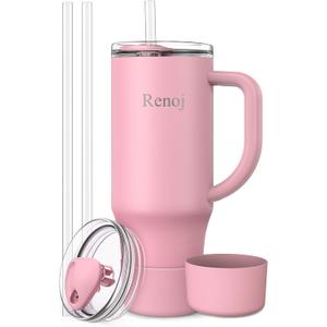 Renoj Insulated Mug 100% Spill Resistant Insulated Water Bottle for Iced Coffee & Hot Drinks - Fits Car Cup Holder, Ideal Gift, 2 Straws & Silicone Boot - FlexSlide Pink 40 oz