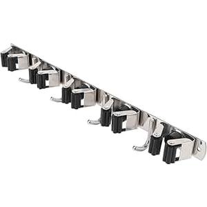Sorandy Wall Mount for Broom, Mop and Broom, Stainless Steel 304, 5 Sockets 4 Hooks Non-slip Space Saving Garage Kitchen Garden Laundry