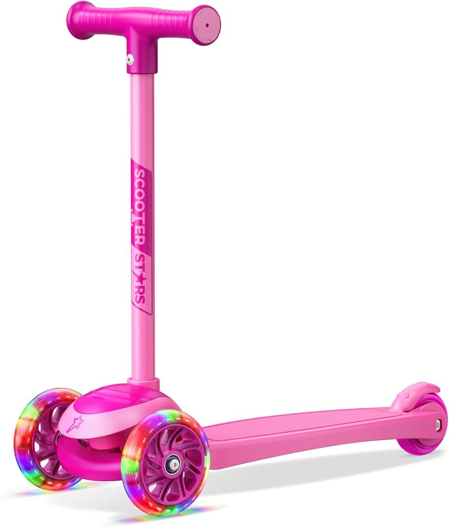 3 Wheel Scooter for Kids, Smooth Light Up LED Front Wheels, Wide Anti Slip Deck, Rear Foot Brake, Easy Lean to Steer Maneuvering, Indoor & Outdoor Ride On Toys for Ages 2 Up (Pink)