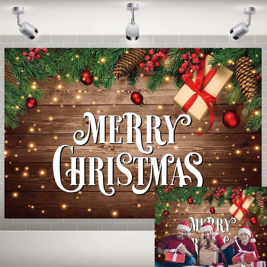 Merry Christmas Backdrop Xmas Wood Wall Photography Background Winter Holiday New Year Eve Indoor Outdoor Party Supplies (7x5FT)