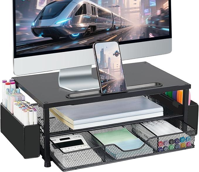 AUPSEN Wood Computer Monitor Stand Riser, 2Tier Black Desk Organizer with Drawer, Pen Storage & Phone Holder ，Office Desk Accessories Desktop Organizer for Office Supplies
