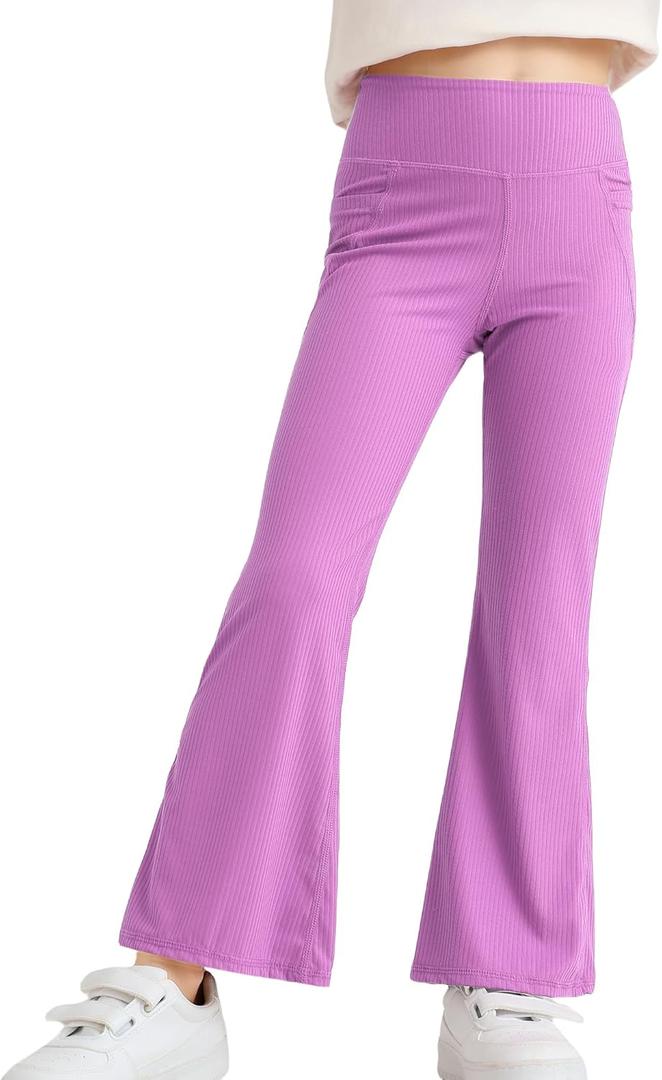 Deuerr Girls' Flare Leggings with Pockets Trendy Girls' Ribbed Knit Bell Bottoms High Waisted Yoga Pants Black for 4-12Years (7-8 Years, 1pcs-purple)