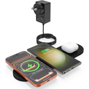 ZealSound Wireless Charging Pad,Triple Wireless Charger Pad Multiple Devices Compatible with iPhone Phone New AirPods Galaxy Buds Ultra-Slim PU Leather Wireless Charging Mat for Smartphone Phone Black