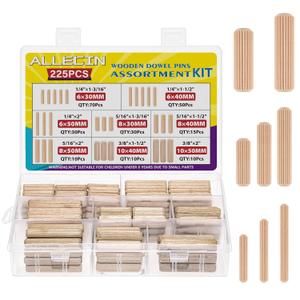 8 Values Wood Dowels Kit 1/4 3/8 5/16 Inch Fluted Wooden Dowel Pins Pegs Assortment for Furniture Woodworking DIY Crafts (Pack of 225Pcs)