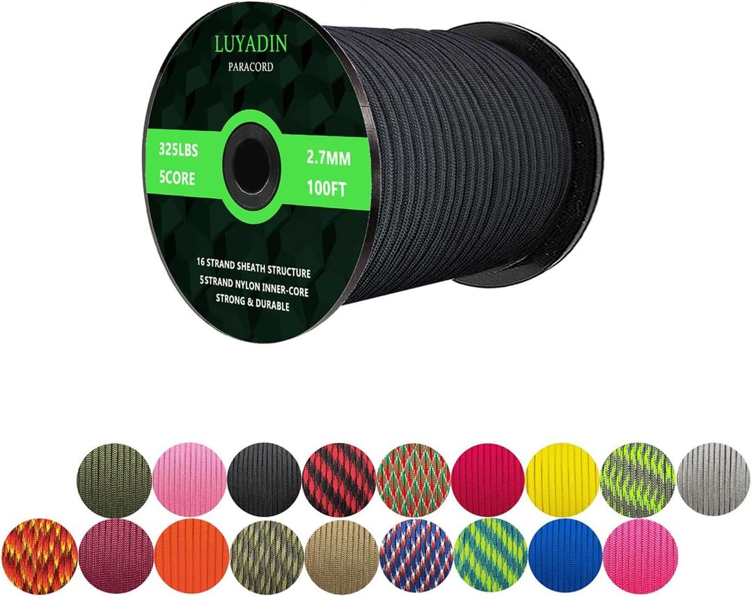 Paracord 325lb Diameter 2.7mm - 5 Strand Parachute Spool Cord - 100ft 200ft,Paracord for Camping,Hiking,Fishing,Outdoor and DIY (Black)