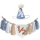 Blue Handmade 1/2 High Chair Banner with Cone Birthday Hat for Half Way To One Baby Boy 6 Months Half Birthday Decorations