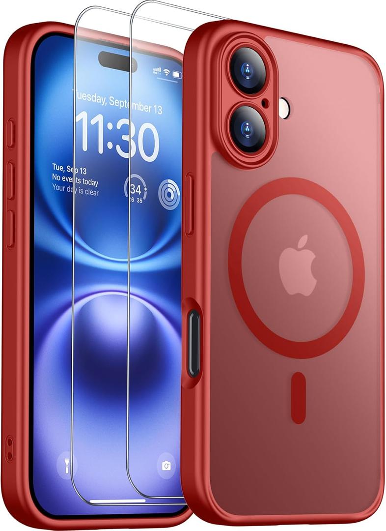 SPIDERCASE Magnetic for iPhone 16 Plus Case,with 2 Pcs [Tempered Glass Screen Protector] Translucent Matte Back Slim Shockproof Protective Phone Case for iPhone 16 Plus 6.7'',Red