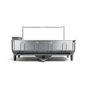 simplehuman Large Capacity Dish Drying Rack with Stainless Steel Frame, 360 Easy Drain Swivel Spout, Utensil & Wine Glass Holder, Anti-Residue Coating, Moisture Control Surface, Grey, Pre-owned, Missing Parts