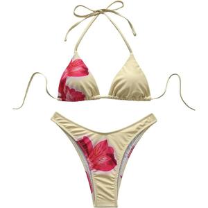 SOLY HUX Floral Print Bikini Sets for Women Halter Triangle High Cut Bathing Suit Two Piece Swimsuit L